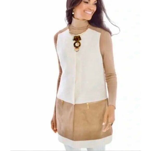 Chico's Jackets & Blazers - Chico’s Vest Ivory Wool Faux Suede Zip Pockets Cream Tan 2 US Large